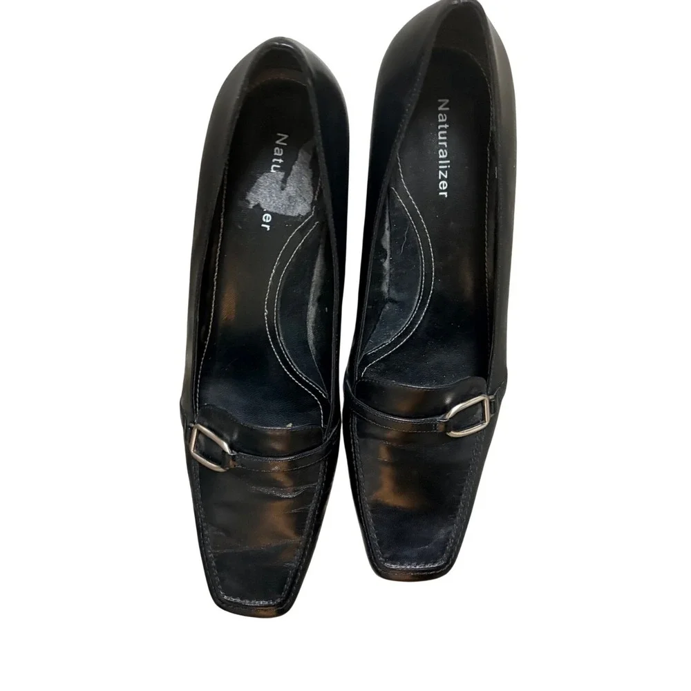 Naturalizer Womens Black Leather Loafer Pumps Square Toe Buckle Heels 9M